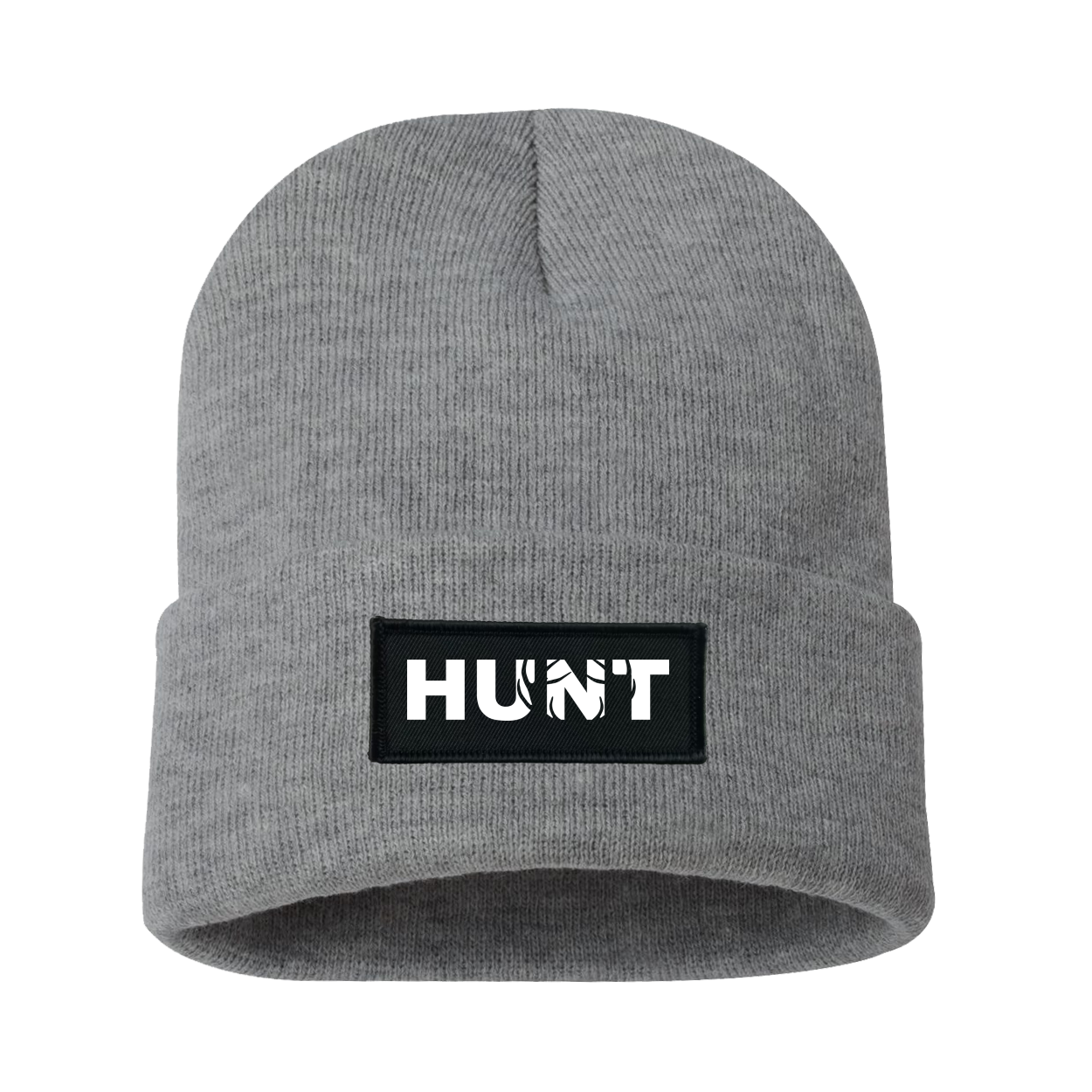 Hunt Rack Logo Night Out Woven Patch Roll Up Skully Beanie Heather Gray