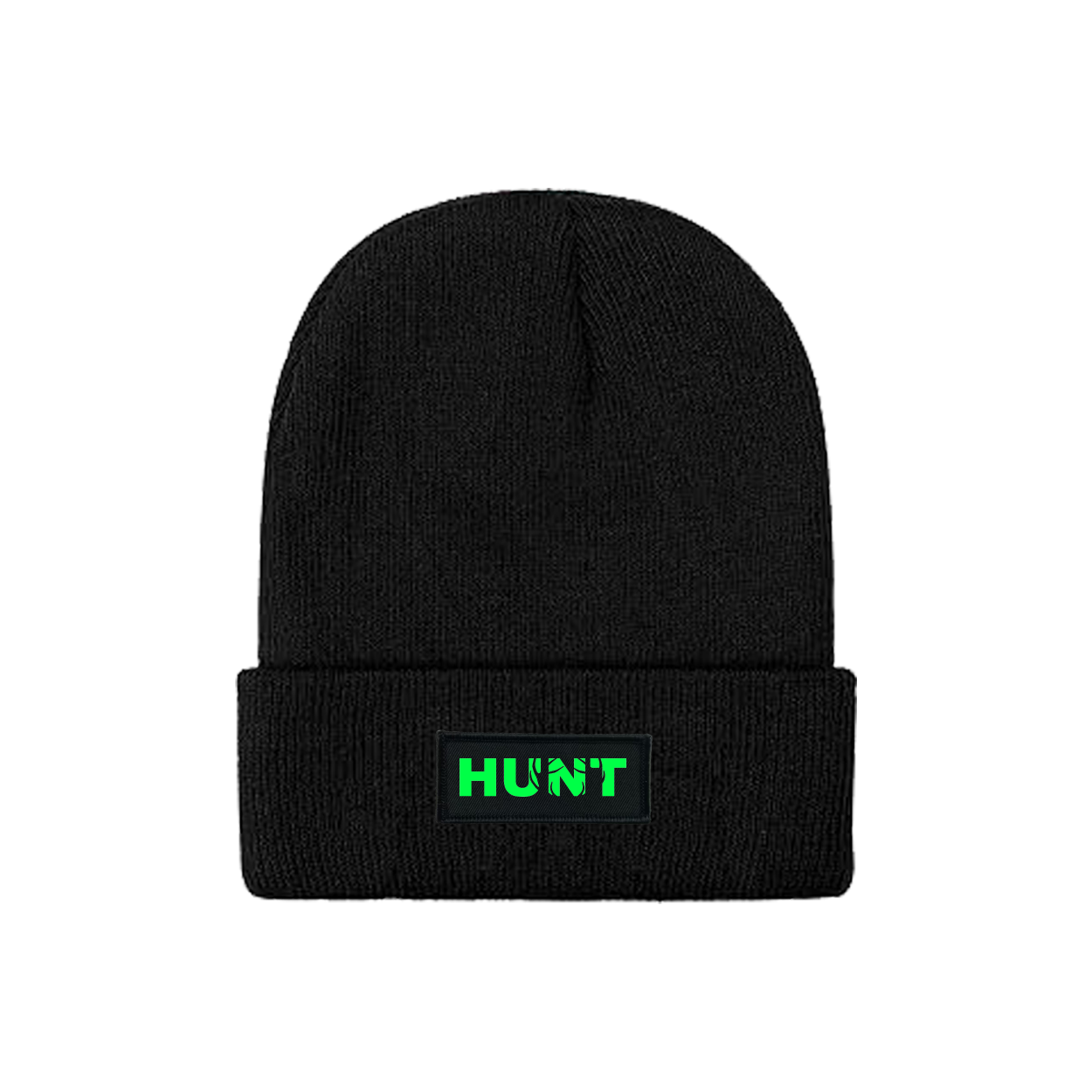 Hunt Rack Logo Night Out Woven Patch Skully Youth Beanie Black (Green Logo)