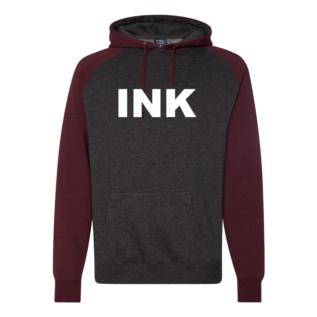 Ink Brand Logo Classic Raglan Hooded Pullover Sweatshirt Charcoal Heather/Burgundy Heather