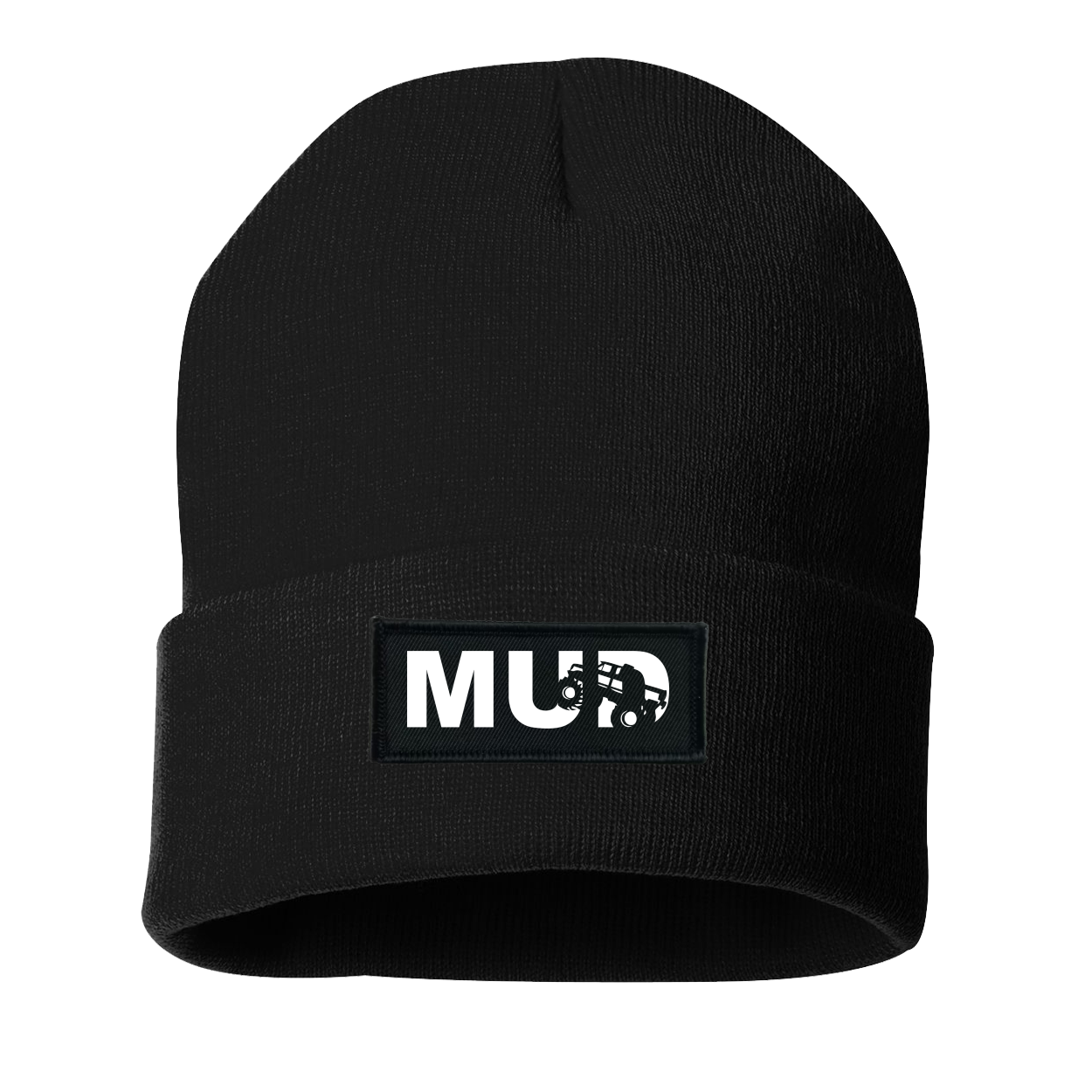 Mud Truck Logo Night Out Woven Patch Roll Up Skully Beanie Black