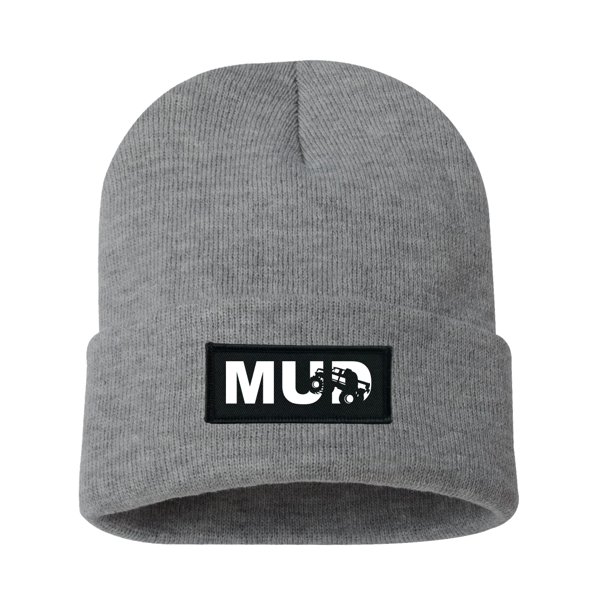 Mud Truck Logo Night Out Woven Patch Roll Up Skully Beanie Heather Gray