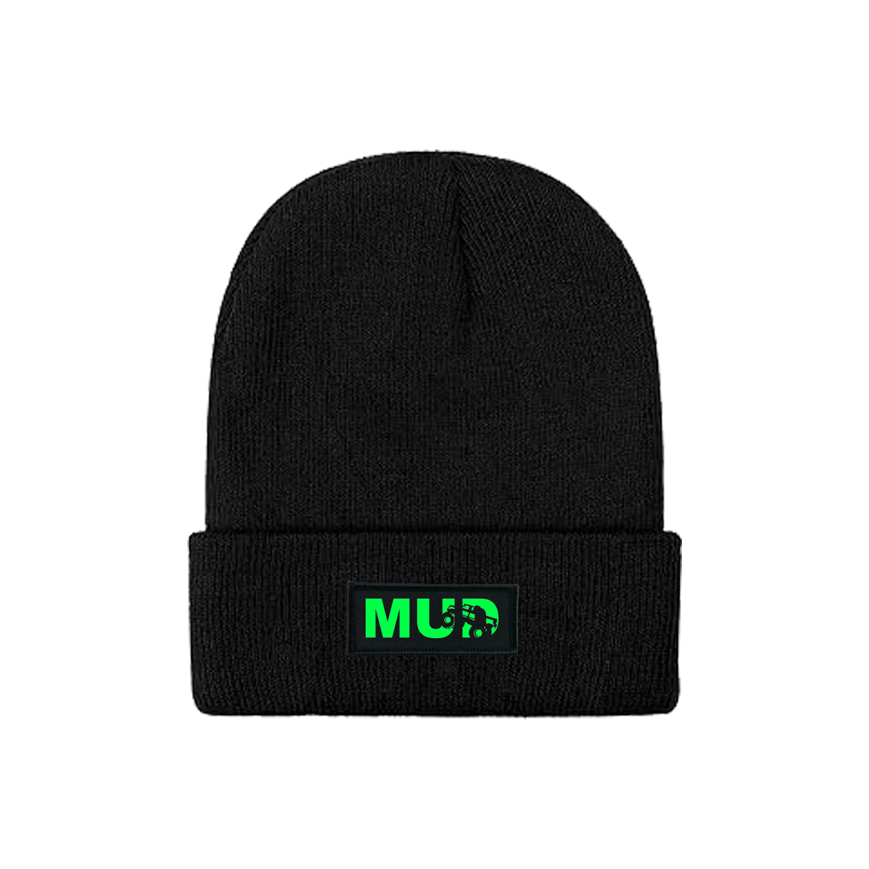 Mud Truck Logo Night Out Woven Patch Skully Youth Beanie Black (Green Logo)