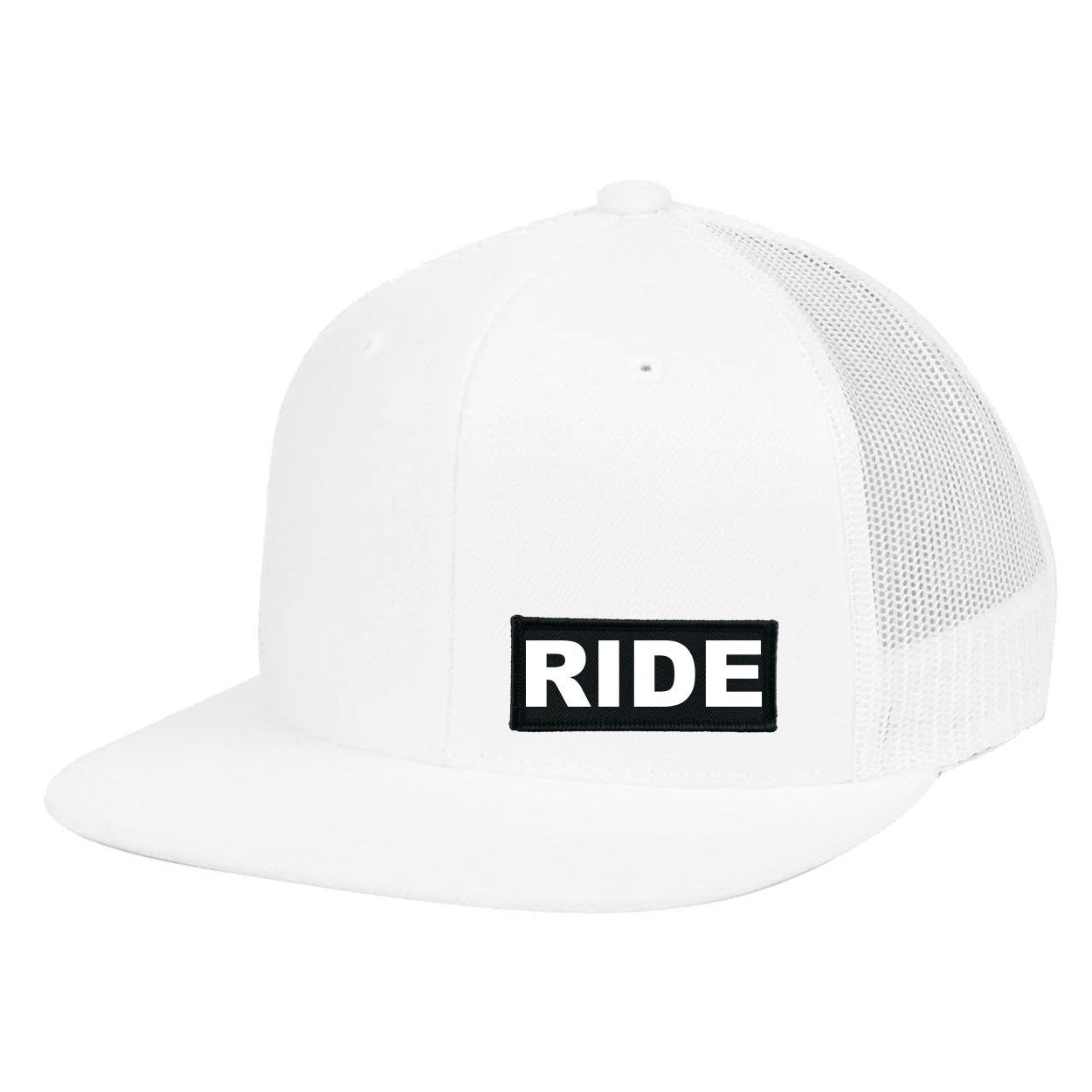 Ride Brand Logo Night Out Woven Patch Flat Brim Trucker Snapback Hat White