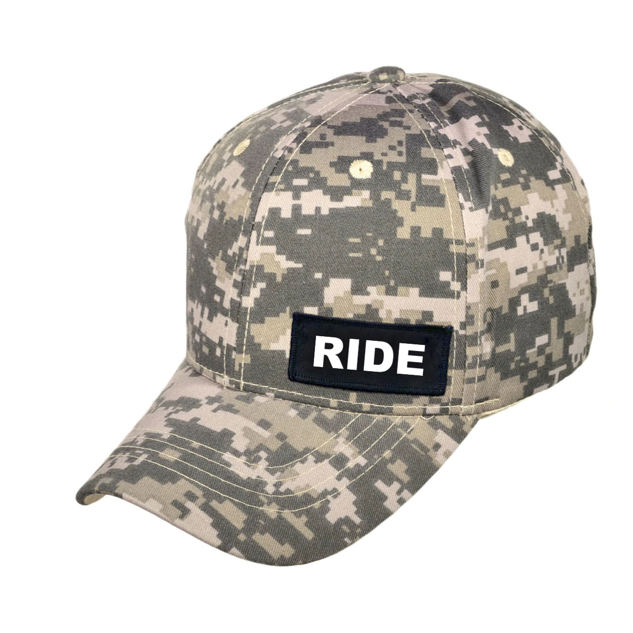 Ride Brand Logo Night Out Woven Patch Velcro Trucker Hat Digital Camo