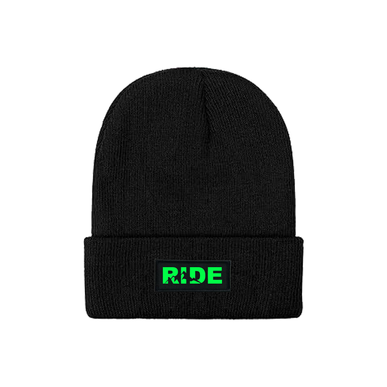 Ride Mountain Logo Night Out Woven Patch Skully Youth Beanie Black (Green Logo)