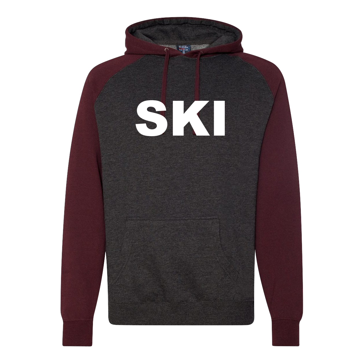 Ski Brand Logo Classic Raglan Hooded Pullover Sweatshirt Charcoal Heather/Burgundy Heather