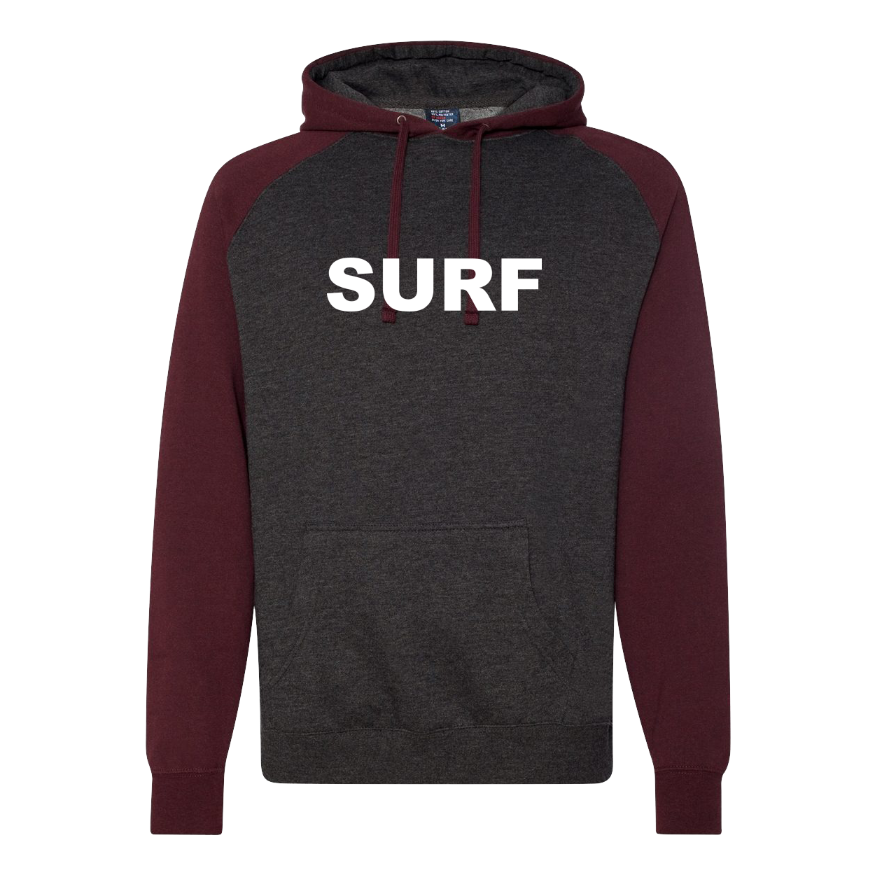 Surf Brand Logo Classic Raglan Hooded Pullover Sweatshirt Charcoal Heather/Burgundy Heather