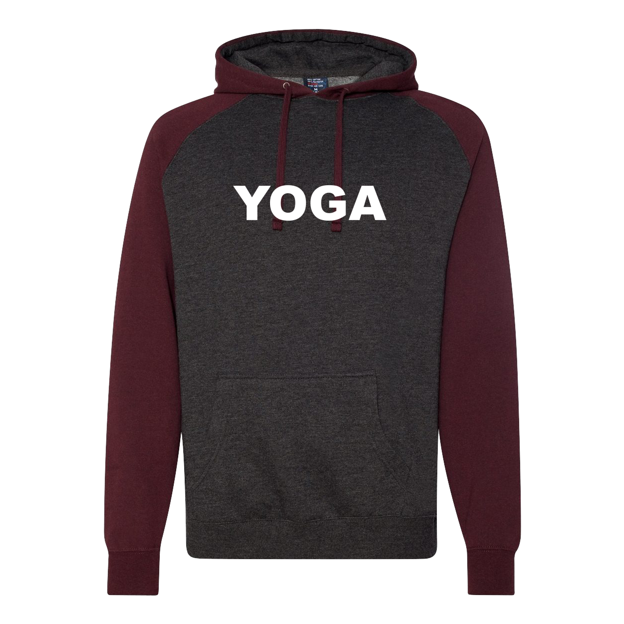 Yoga Brand Logo Classic Raglan Hooded Pullover Sweatshirt Charcoal Heather/Burgundy Heather