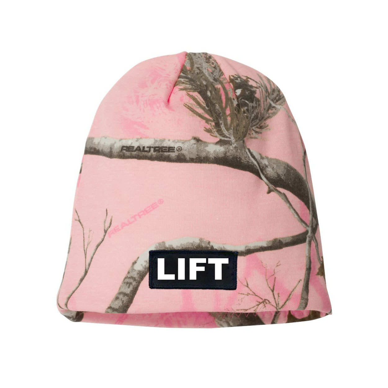 Lift Brand Logo Night Out Woven Patch Skully Beanie Realtree AP Pink Camo