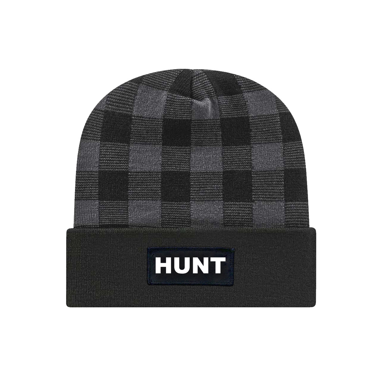 Hunt Brand Logo Night Out Woven Patch Roll Up Plaid Beanie Black/Heather Gray