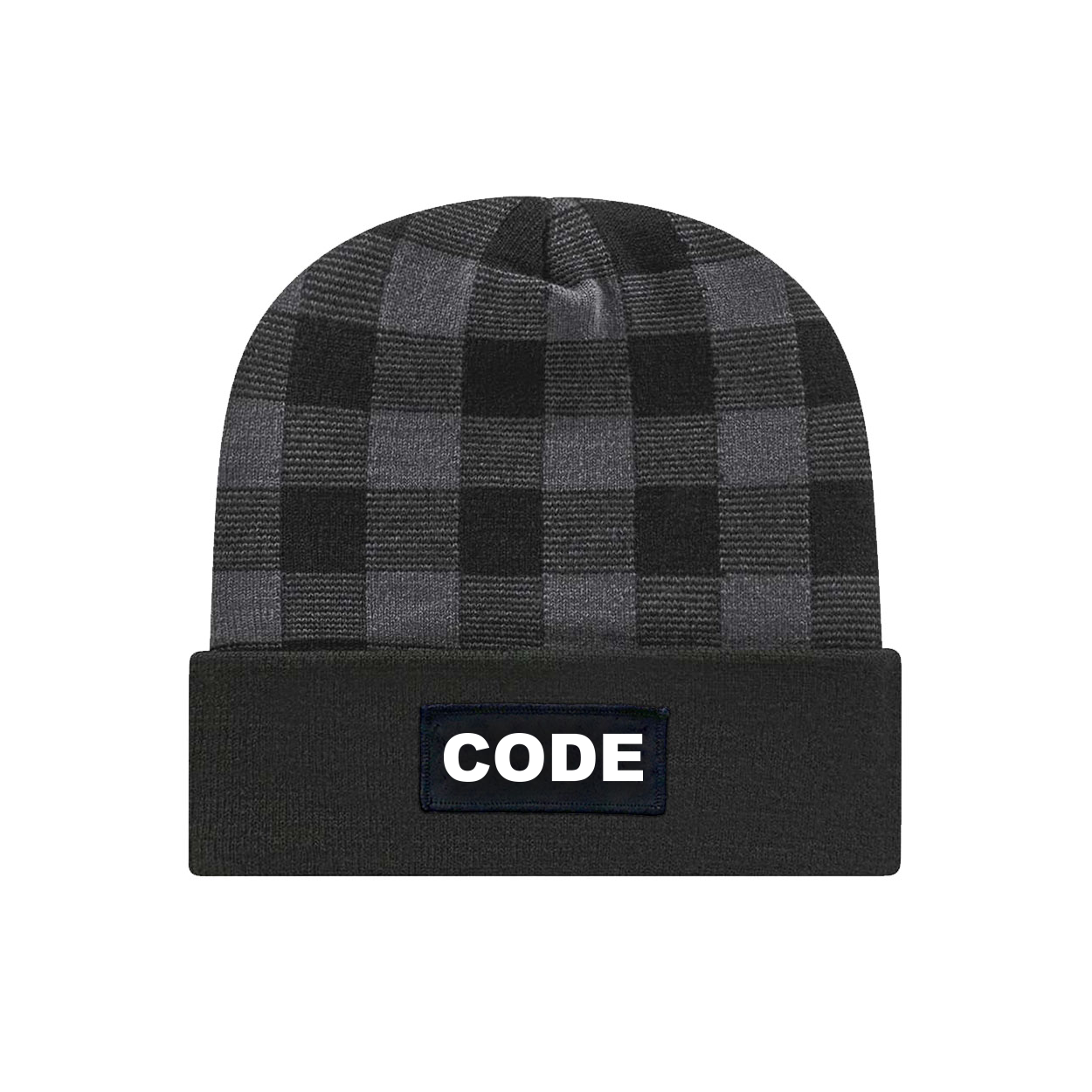 Code Brand Logo Night Out Woven Patch Roll Up Plaid Beanie Black/Heather Gray