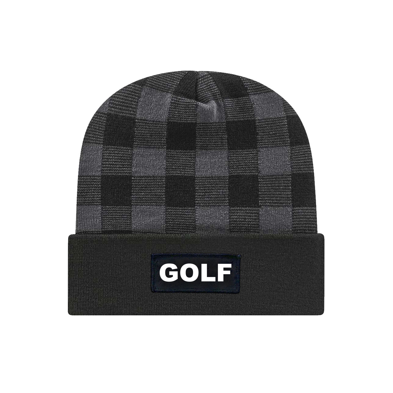 Golf Brand Logo Night Out Woven Patch Roll Up Plaid Beanie Black/Heather Gray