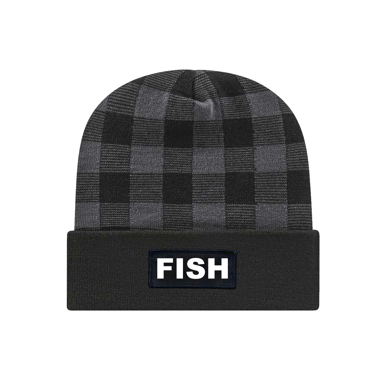 Fish Brand Logo Night Out Woven Patch Roll Up Plaid Beanie Black/Heather Gray