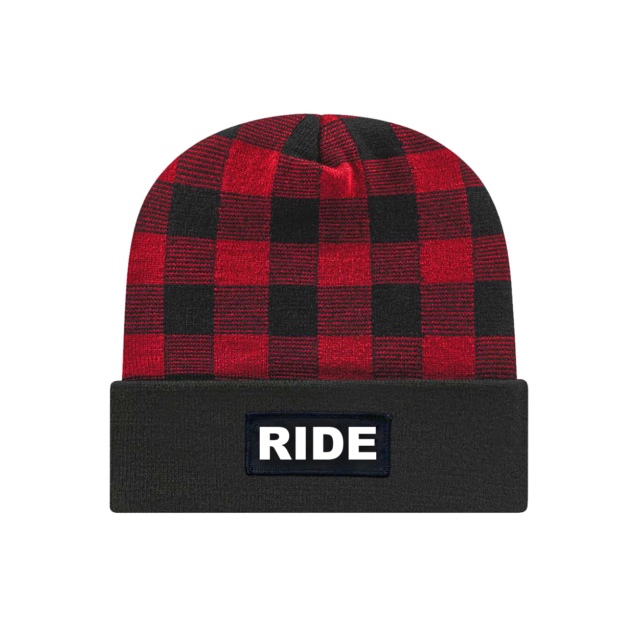 Ride Brand Logo Night Out Woven Patch Roll Up Plaid Beanie Black/True Red