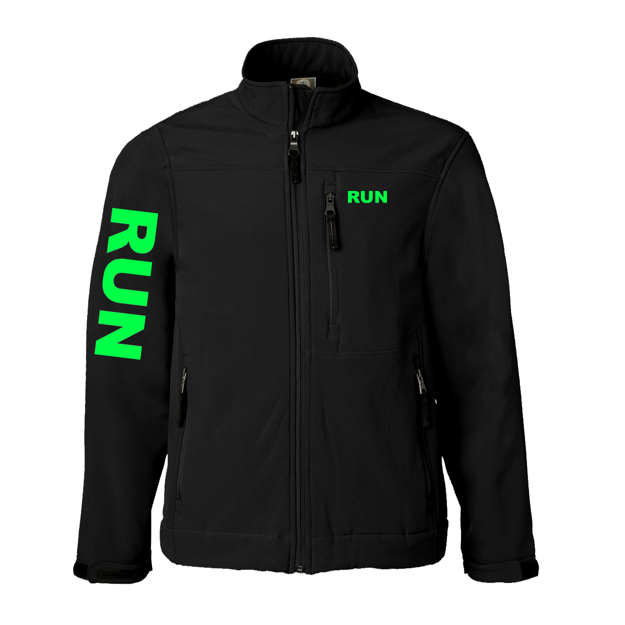 Run Brand Logo Classic Soft Shell Weatherproof Jacket (Green Logo)