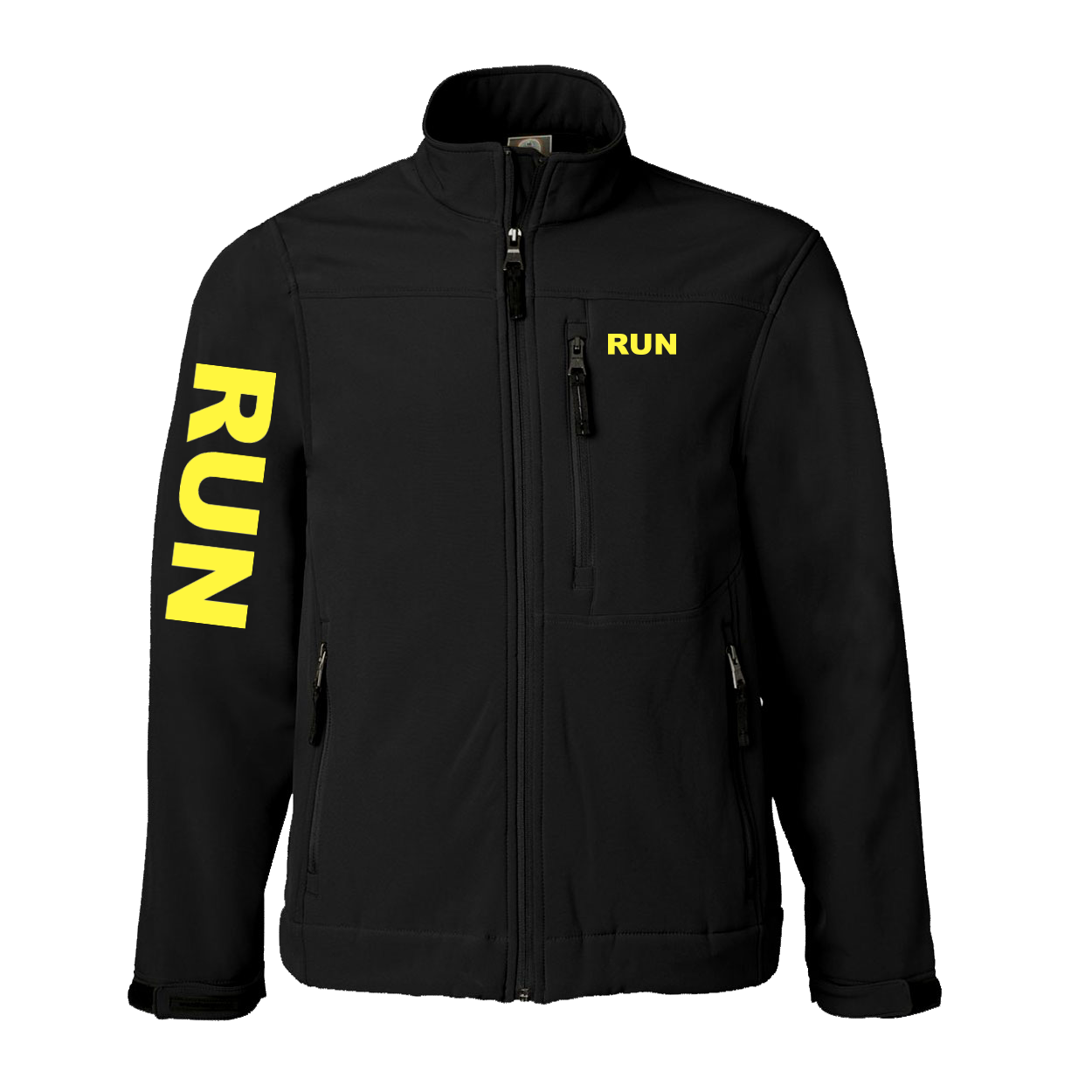 Run Brand Logo Classic Soft Shell Weatherproof Jacket (Yellow Logo)