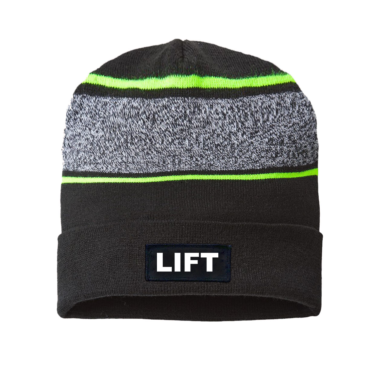 Lift Brand Logo Night Out Woven Patch Roll Up Skully Neon Striped Beanie Black/Neon Yellow