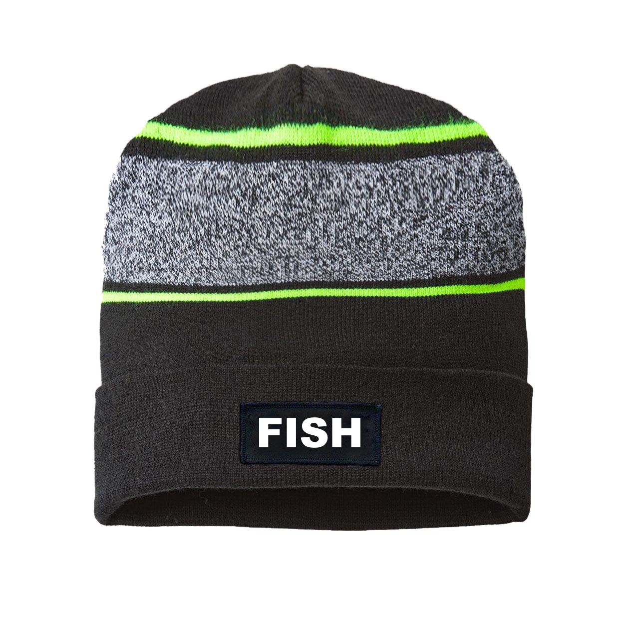 Fish Brand Logo Night Out Woven Patch Roll Up Skully Neon Striped Beanie Black/Neon Yellow