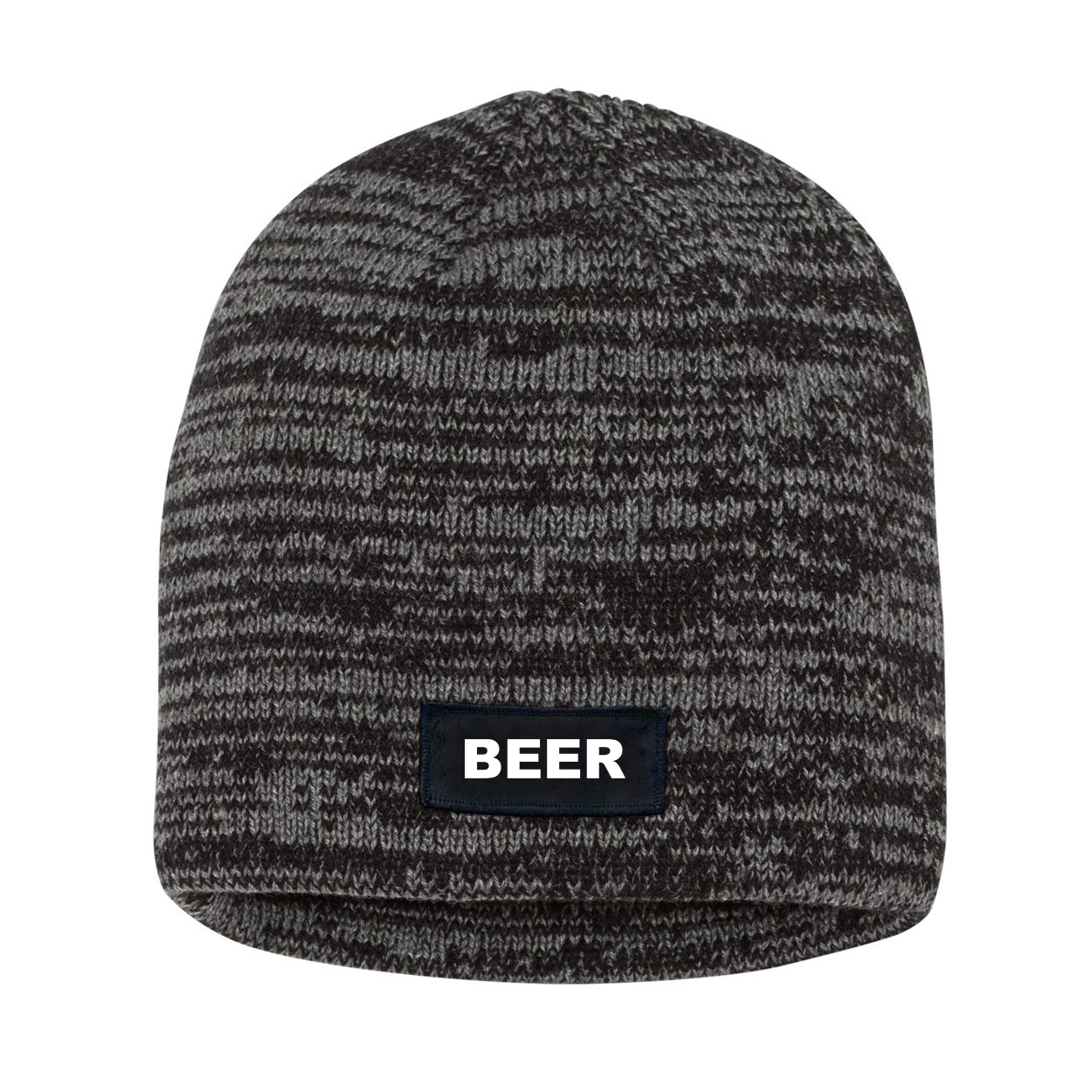 Beer Brand Logo Night Out Woven Patch Skully Marled Knit Beanie Black/Gray