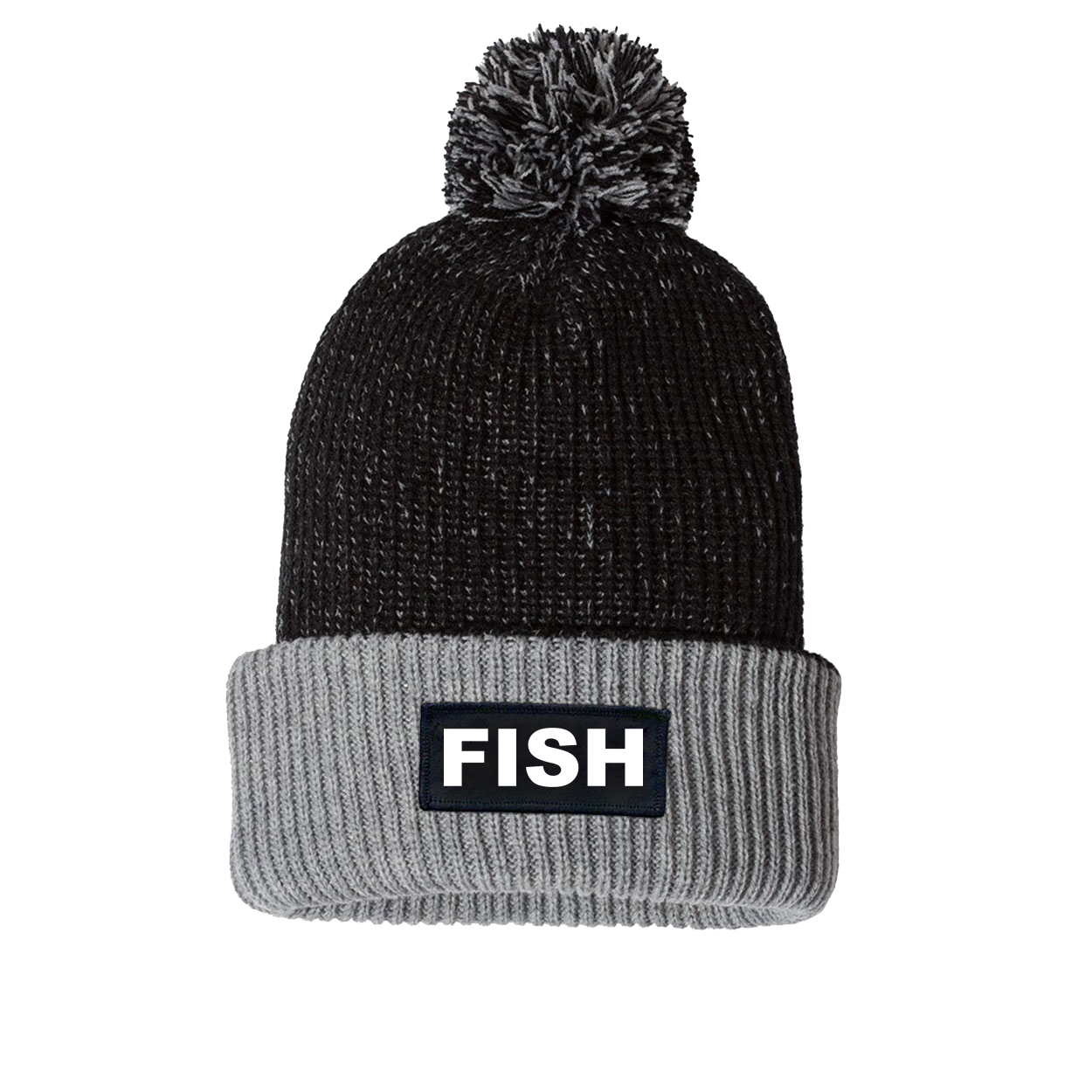 Fish Brand Logo Night Out Woven Patch Roll Up Pom Knit Beanie Black/Gray