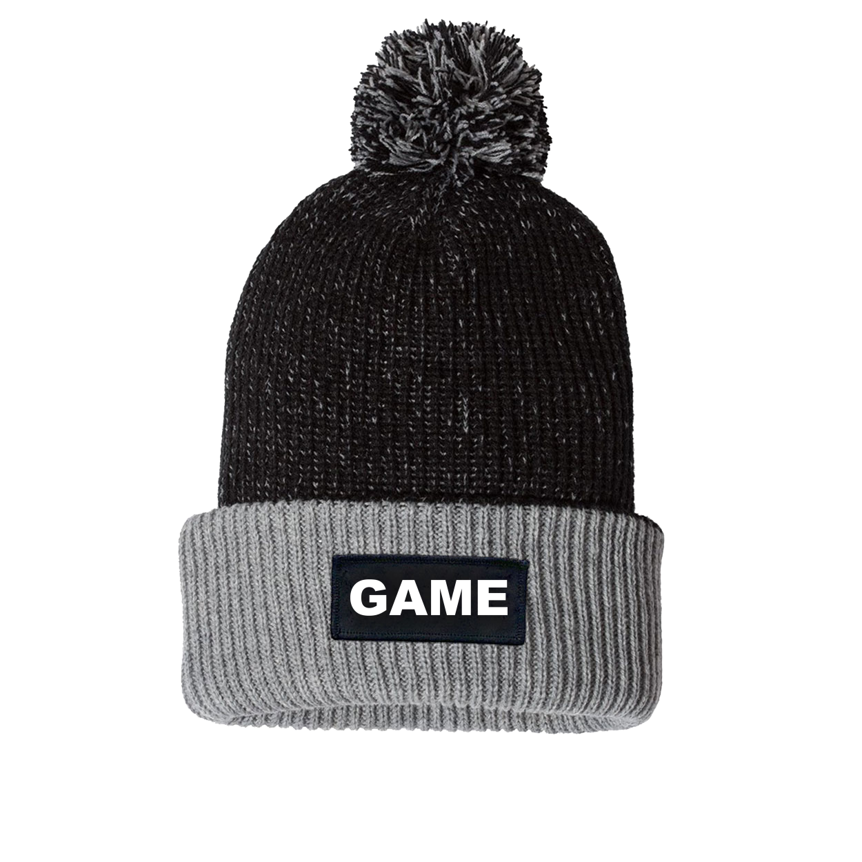 Game Brand Logo Night Out Woven Patch Roll Up Pom Knit Beanie Black/Gray