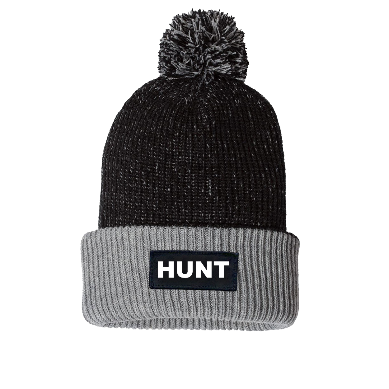 Hunt Brand Logo Night Out Woven Patch Roll Up Pom Knit Beanie Black/Gray