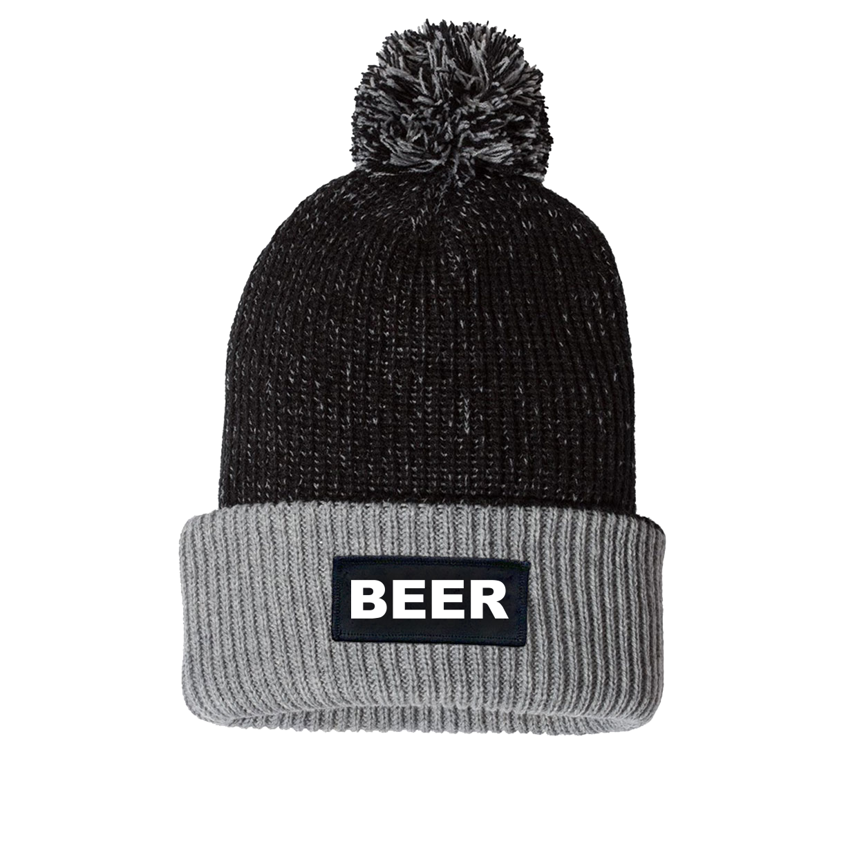 Beer Brand Logo Night Out Woven Patch Roll Up Pom Knit Beanie Black/Gray
