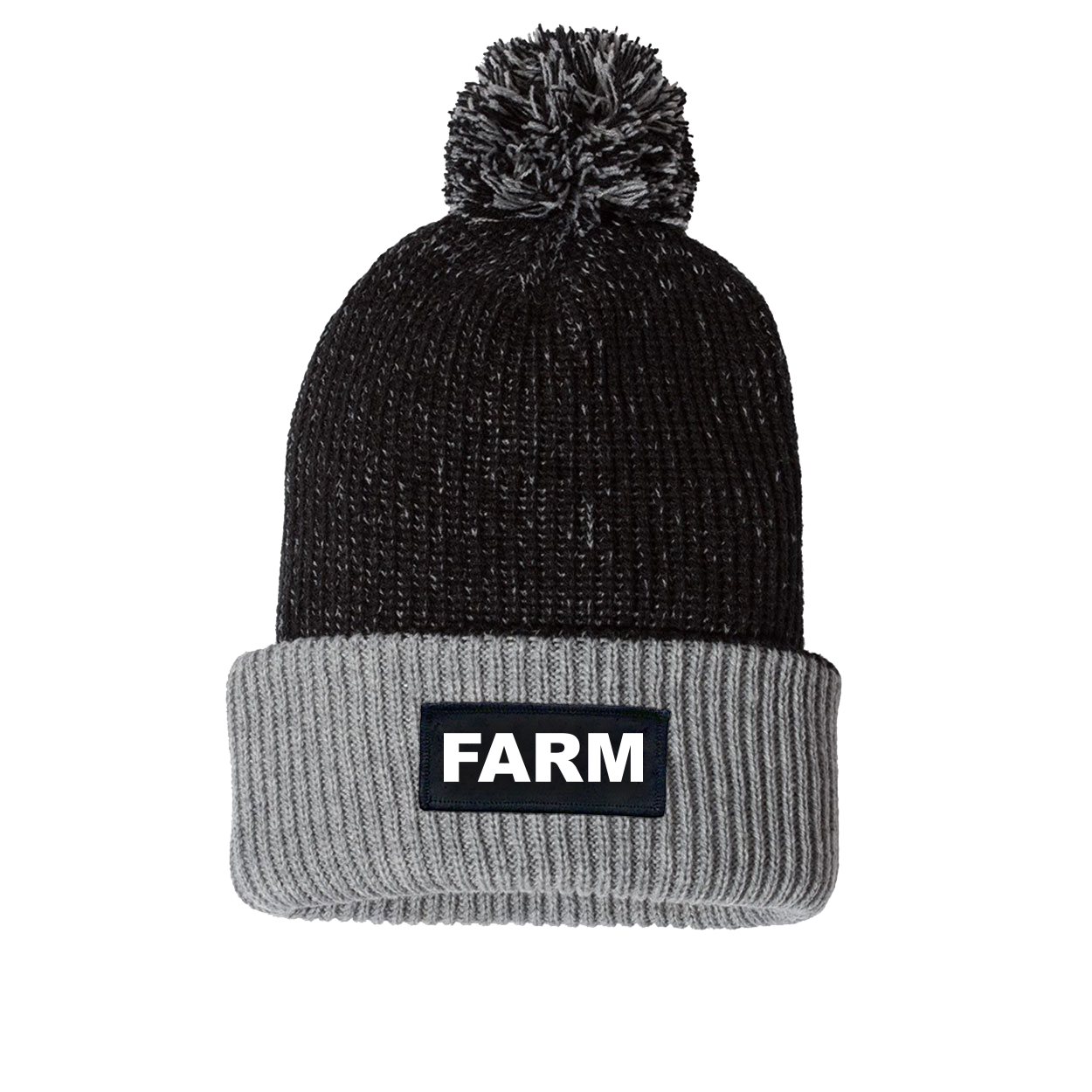 Farm Brand Logo Night Out Woven Patch Roll Up Pom Knit Beanie Black/Gray