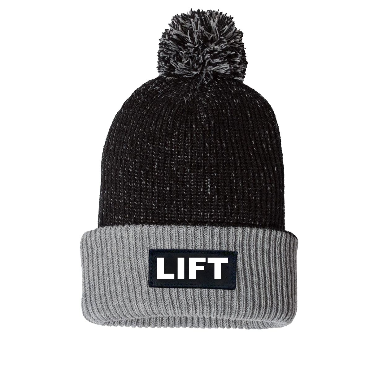 Lift Brand Logo Night Out Woven Patch Roll Up Pom Knit Beanie Black/Gray