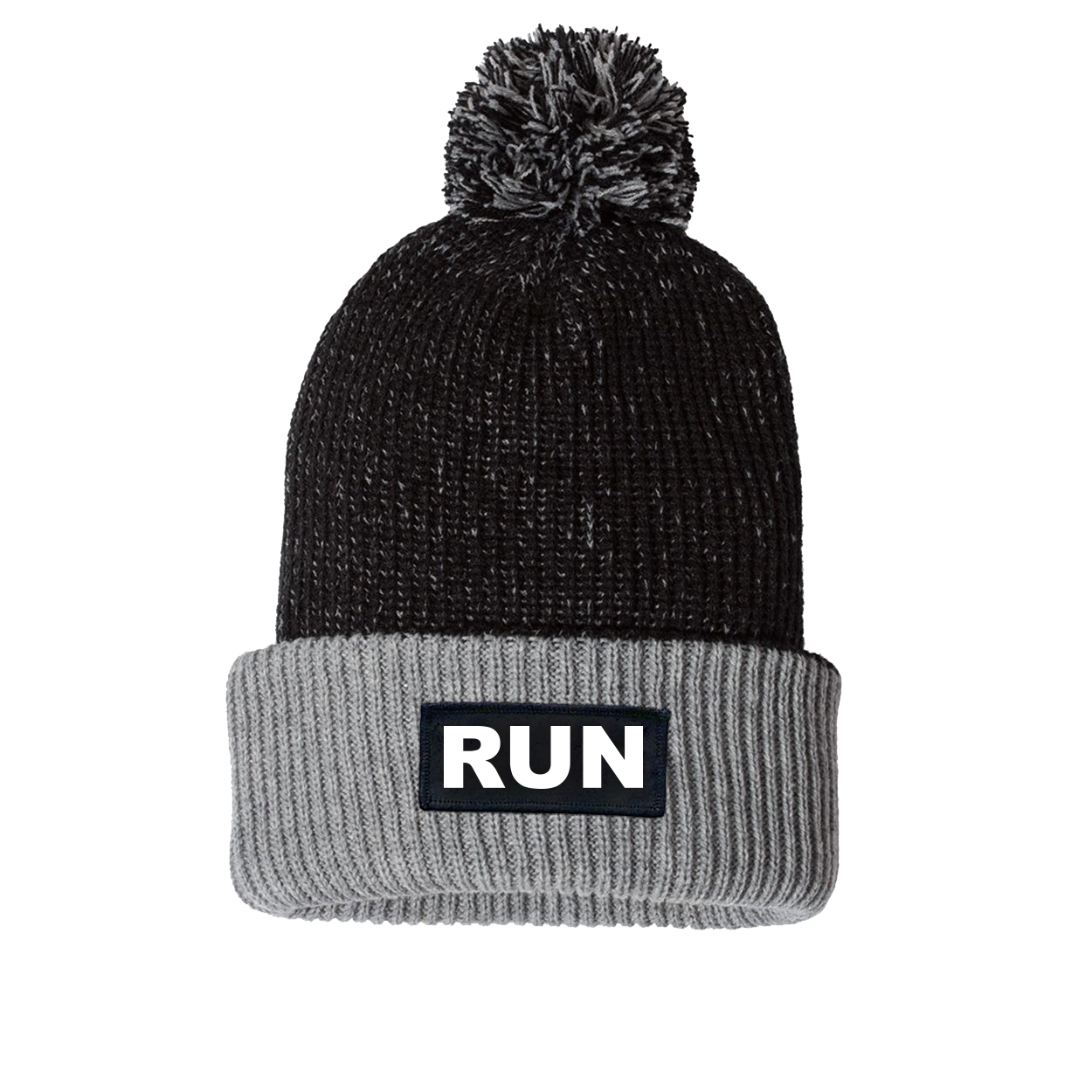 Run Brand Logo Night Out Woven Patch Roll Up Pom Knit Beanie Black/Gray