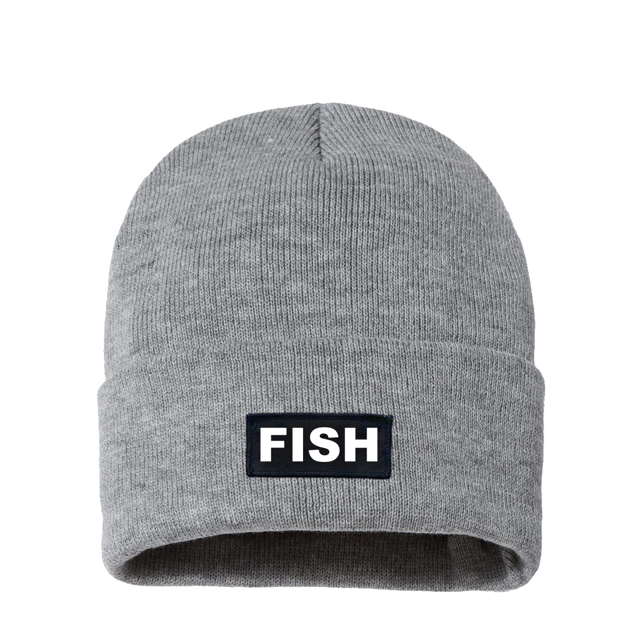 Fish Brand Logo Night Out Woven Patch Sherpa Lined Cuffed Beanie Heather Gray