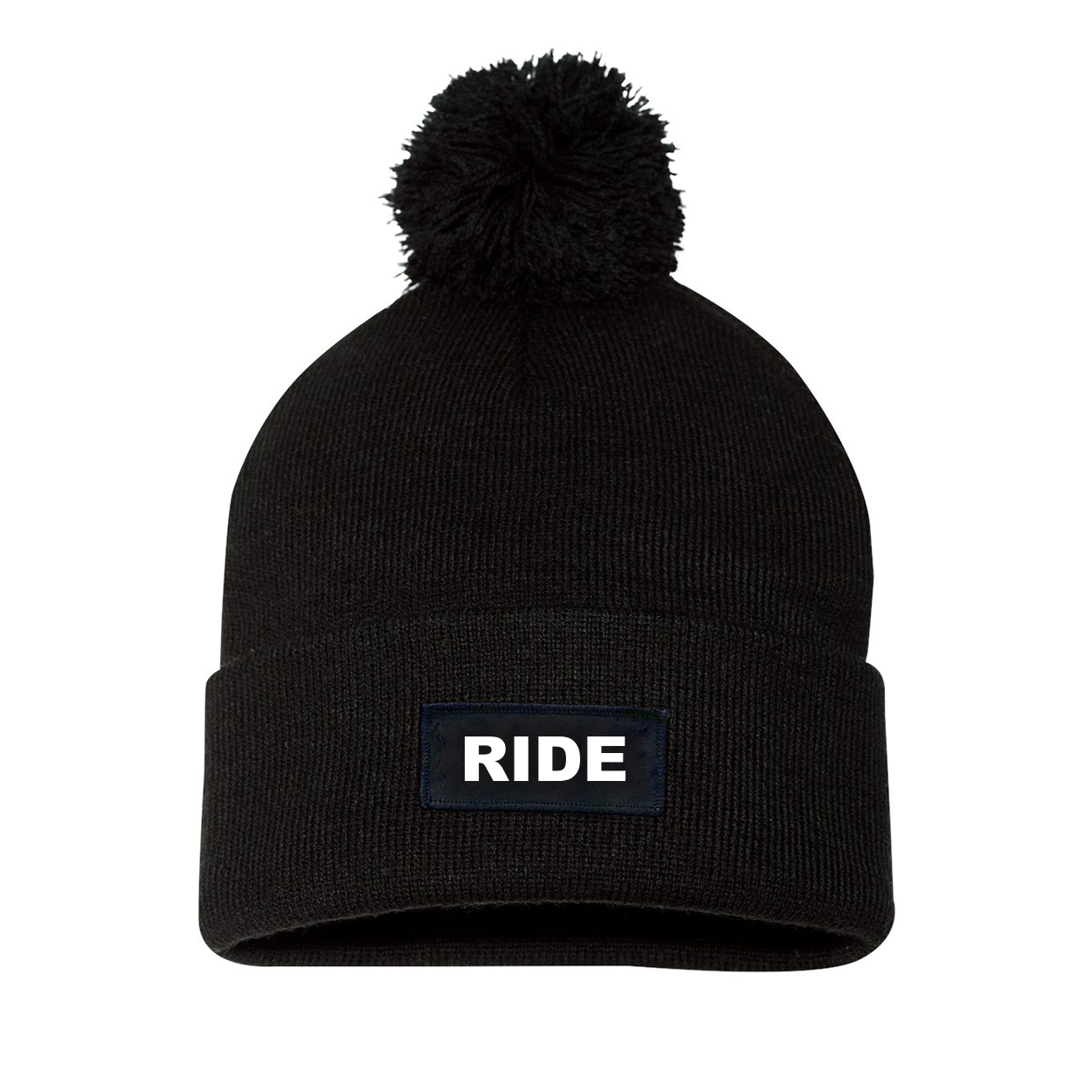 Ride Brand Logo Night Out Woven Patch Roll Up Pom Knit Beanie Black