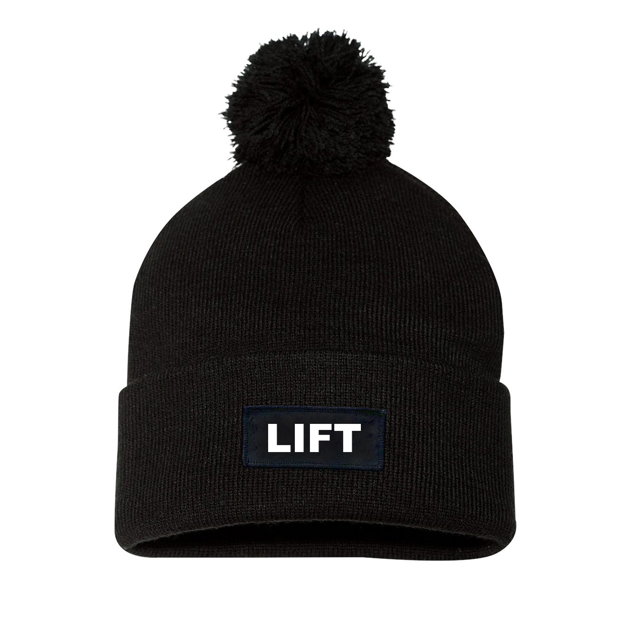 Lift Brand Logo Night Out Woven Patch Roll Up Pom Knit Beanie Black