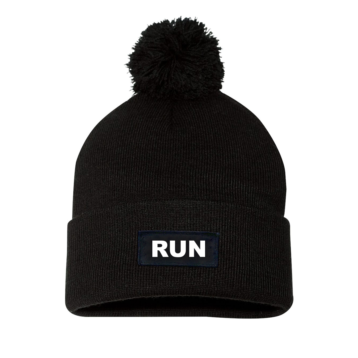 Run Brand Logo Night Out Woven Patch Roll Up Pom Knit Beanie Black