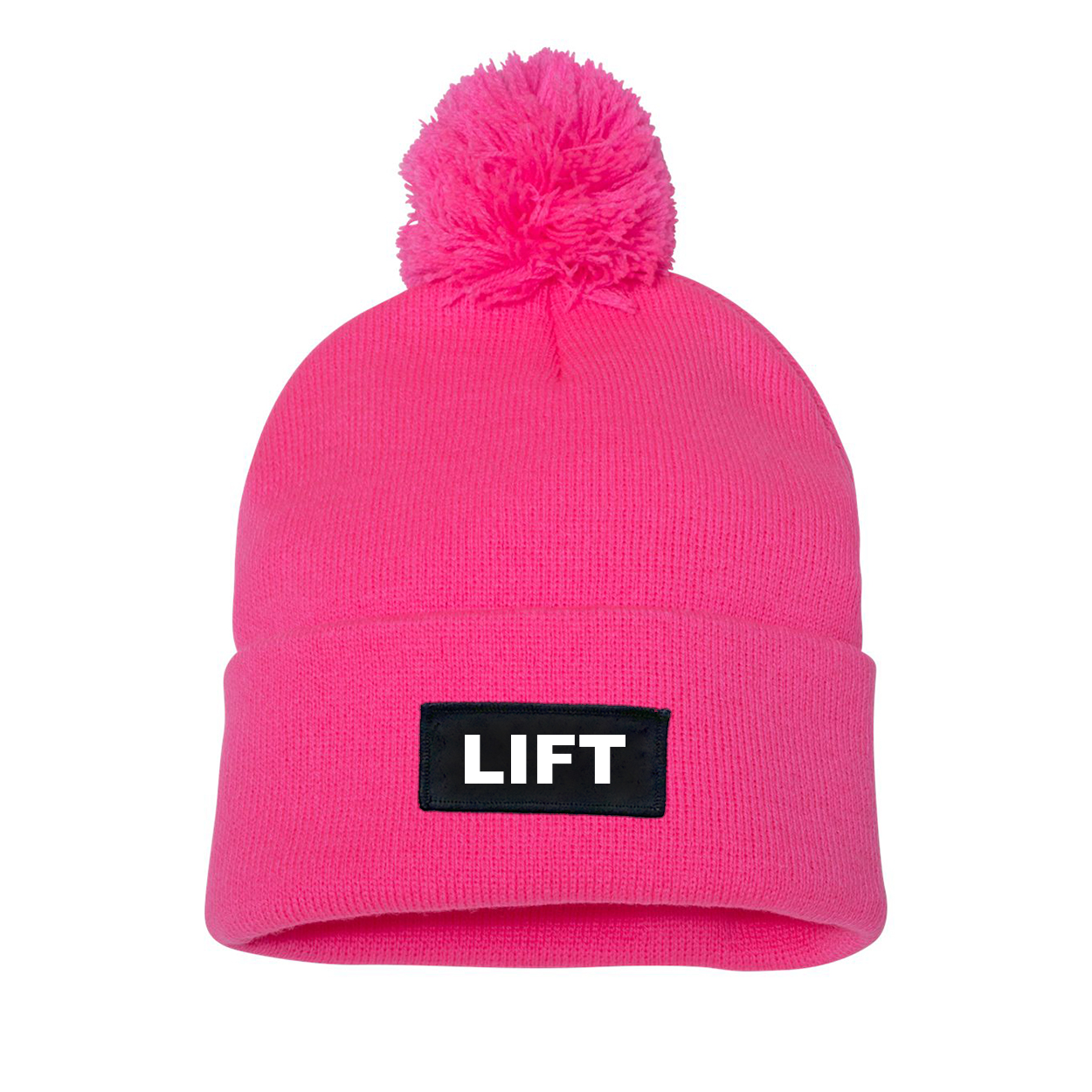 Lift Brand Logo Night Out Woven Patch Roll Up Pom Knit Beanie Pink