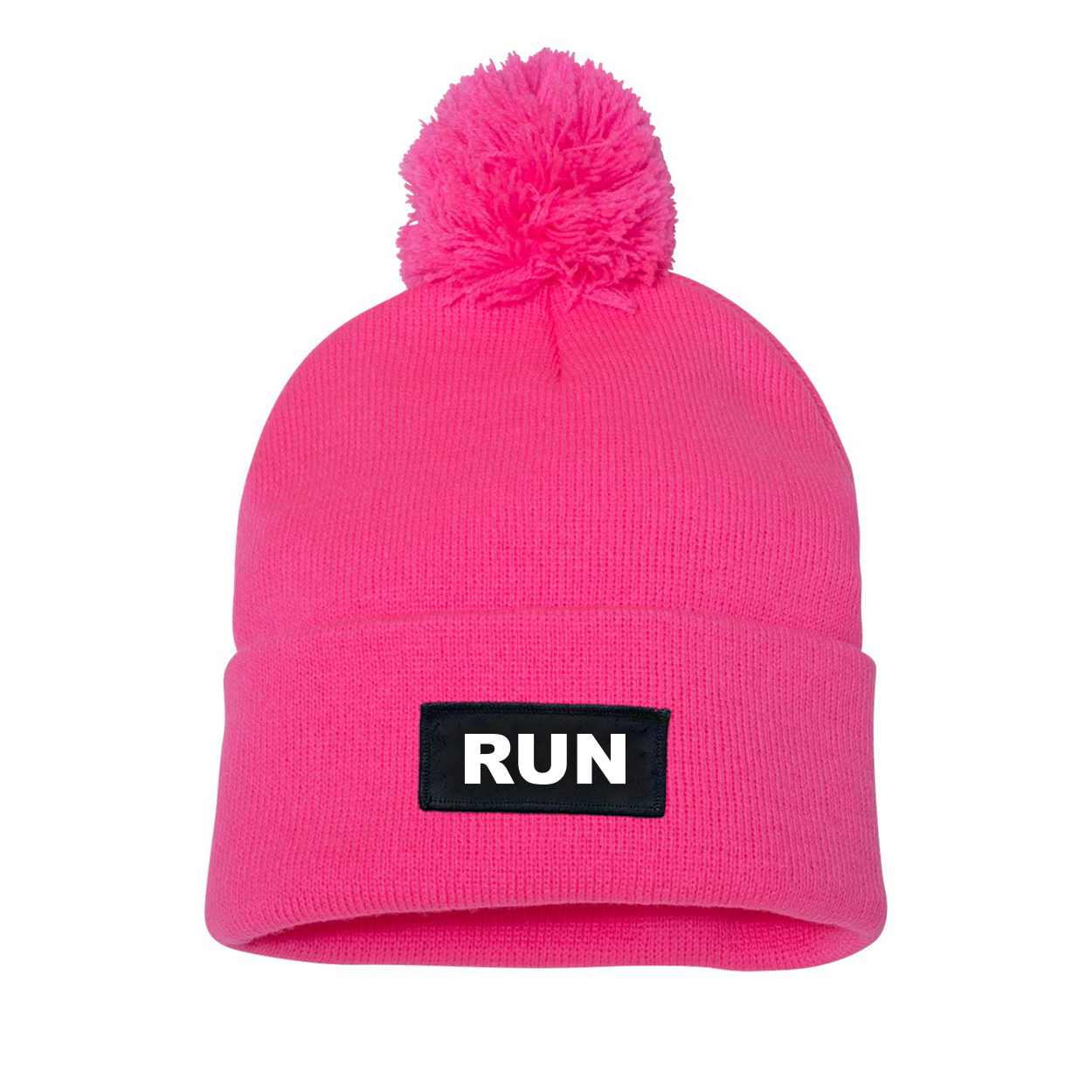 Run Brand Logo Night Out Woven Patch Roll Up Pom Knit Beanie Pink