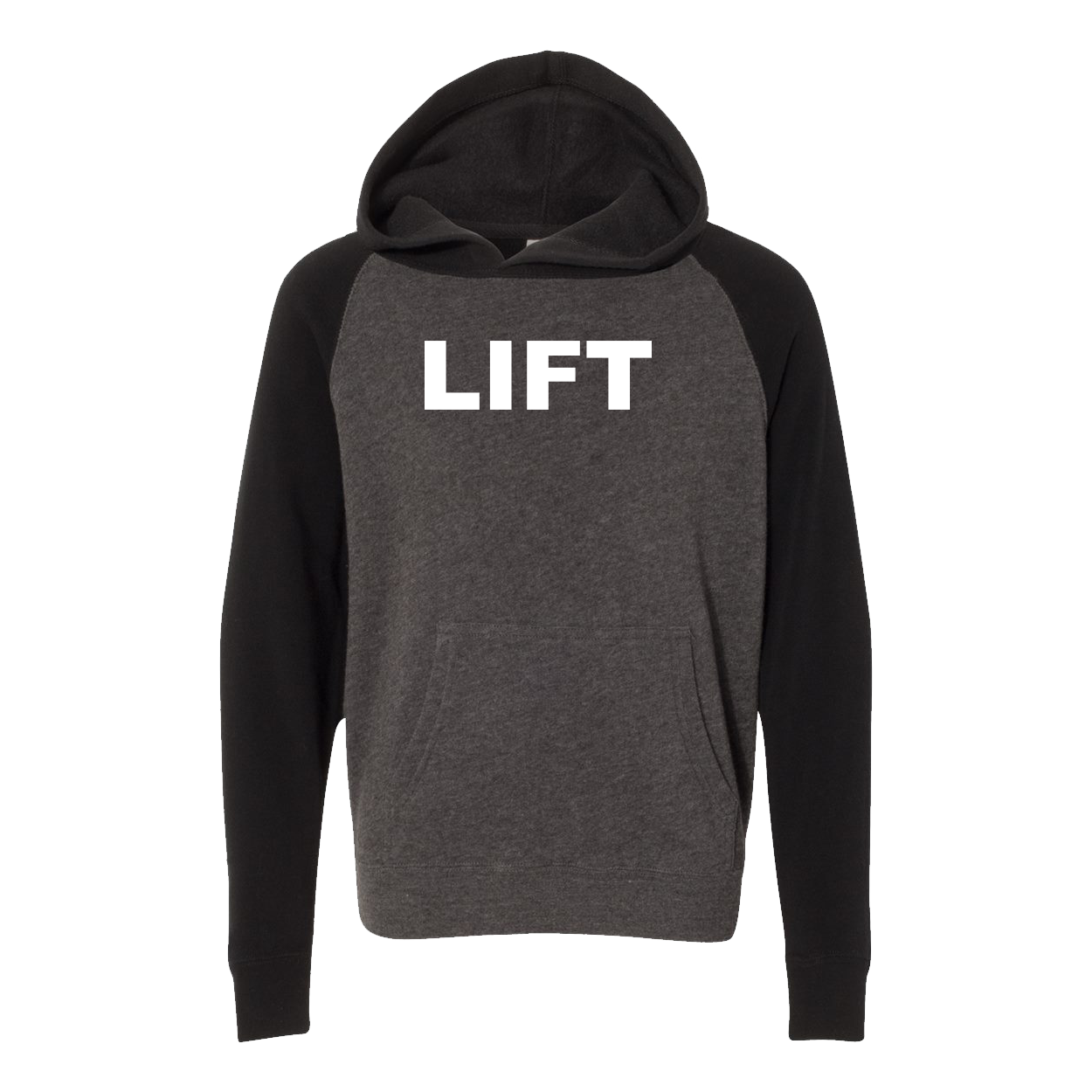 Lift Brand Logo Classic Youth Raglan Hooded Pullover Sweatshirt Carbon/ Black