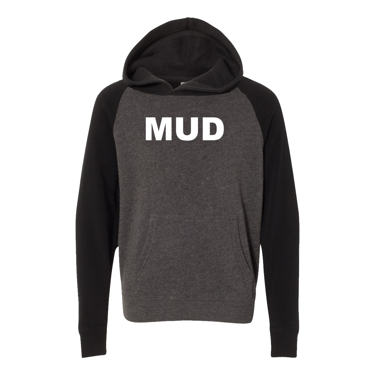 Mud Brand Logo Classic Youth Raglan Hooded Pullover Sweatshirt Carbon/ Black