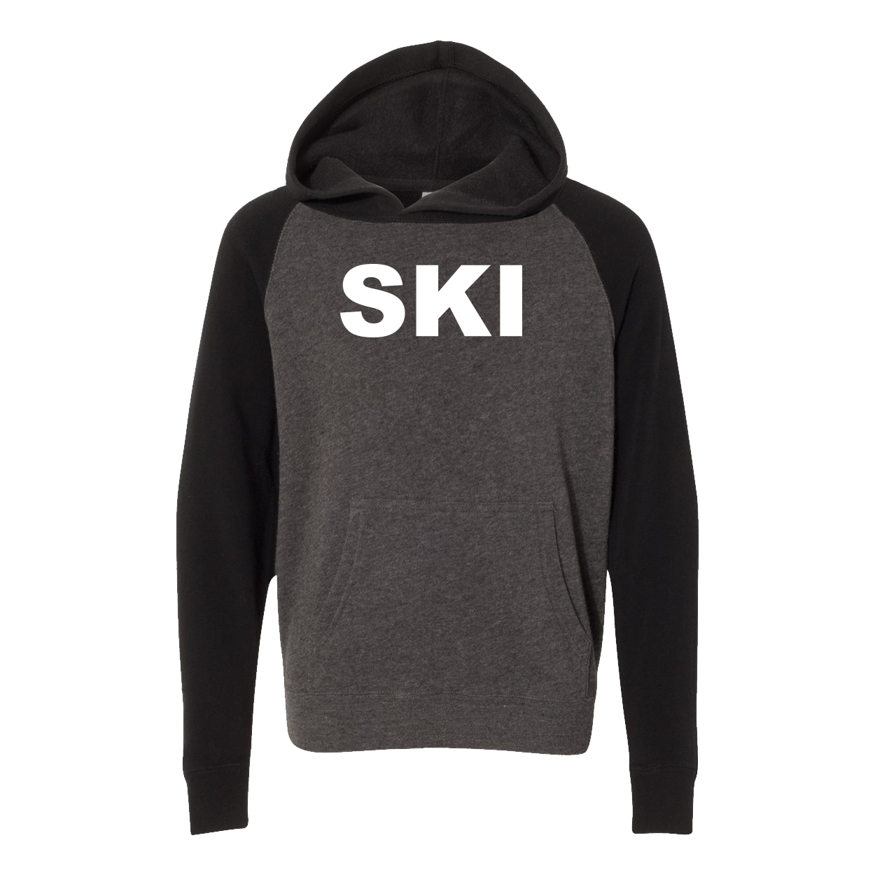 Ski Brand Logo Classic Youth Raglan Hooded Pullover Sweatshirt Carbon/ Black