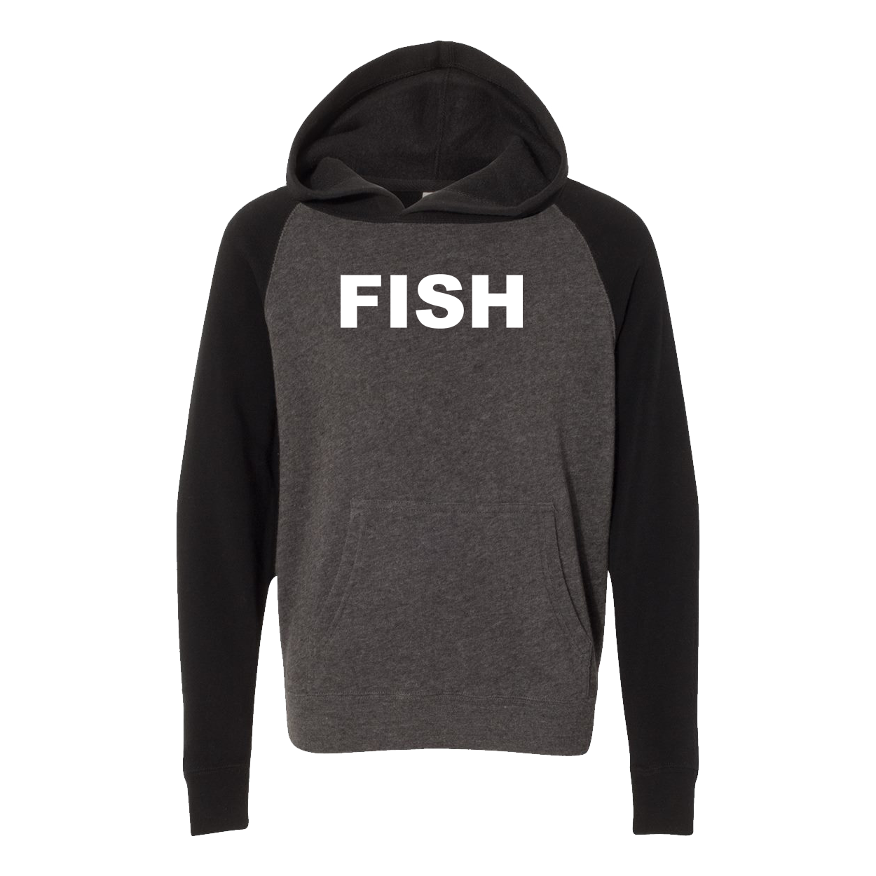 Fish Brand Logo Classic Youth Raglan Hooded Pullover Sweatshirt Carbon/ Black