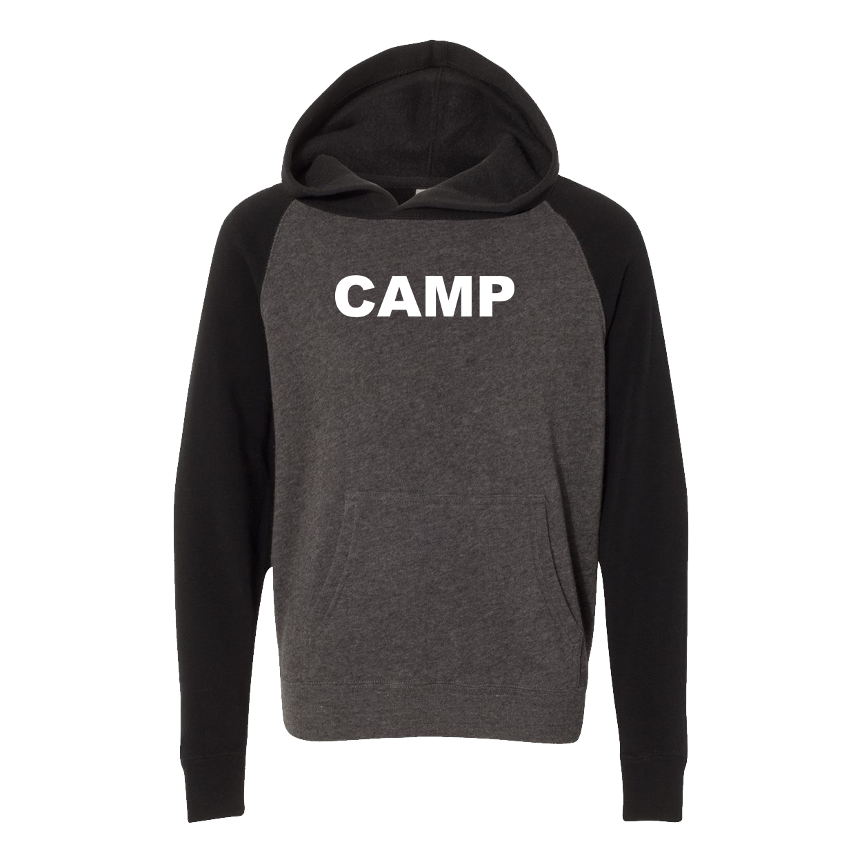 Camp Brand Logo Classic Youth Raglan Hooded Pullover Sweatshirt Carbon/ Black