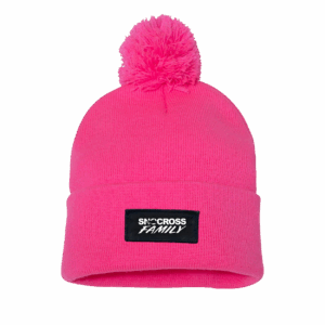 Snocross Family Collection Night Out Woven Patch Roll Up Pom Knit Beanie Pink